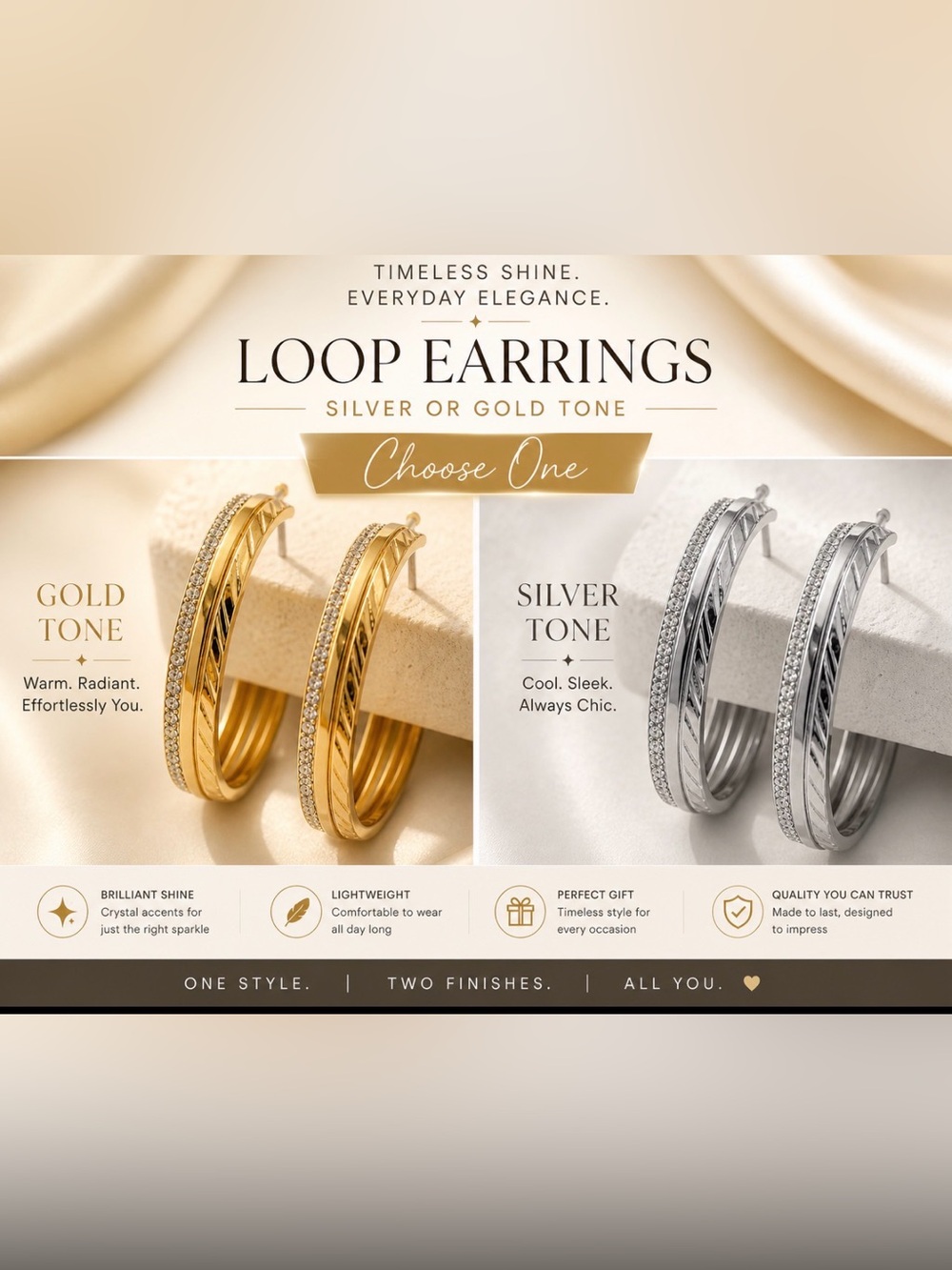 Elegant Loop Hoop Earrings in Gold Tone or Silver Tone